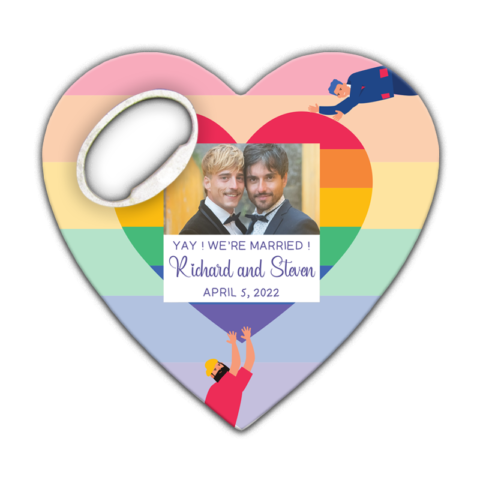 Photo, Heart Frame and Gay Couple on Rainbow Background for Wedding