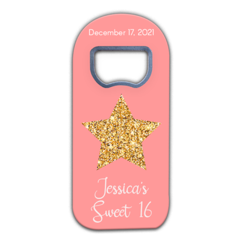 gold star on pink background themed customizable bottle opener magnet favors for sweet sixteen
