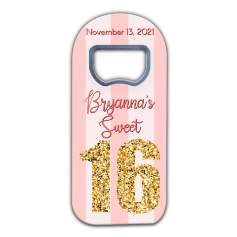 customizable fridge magnet bottle opener favors for sweet 16 party with twinkling golden 16 on pink stripes