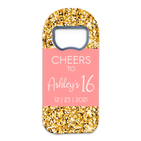 Twinkling Gold Pieces on Pink Themed Customizable Fridge Magnet Favors for Sweet Sixteen