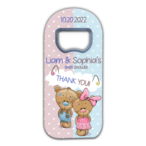 teddy bear themed customizable bottle opener magnet favors for baby shower of boy and girl twins