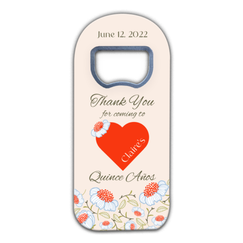 Quinceañera Favors in Bulk with Red Daisy, Red Heart Themed Customizable Bottle Opener Magnet Favors
