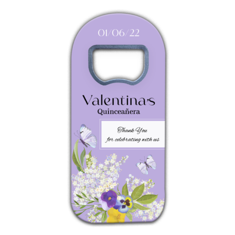 Violets, Daisies and Butterflies on Purple for Quinceañera Customizable Bottle Opener Magnet Favors