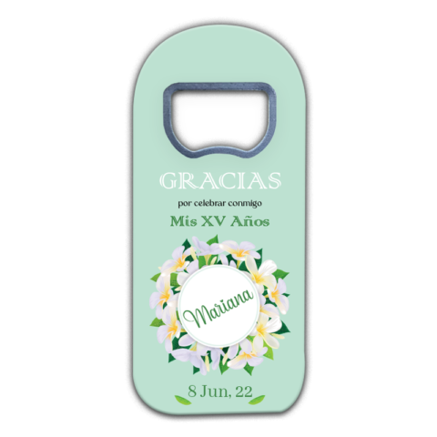 White Lilies and Green Leaves on Green for Quinceañera Bottle Opener Magnet Favors