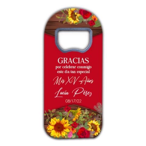 Sunflowers, Roses, Wood on Red Background for Quinceañera Bottle Opener Magnet Favors