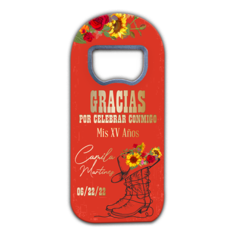 Cowboy Hat, Boots, Sunflowers and Red Roses for Quinceañera Bottle Opener Magnet Favors