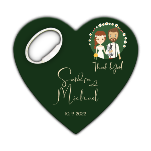Bride and groom cartoon funny on dark green background themed customizable heart shaped bottle opener fridge magnet gifts for wedding