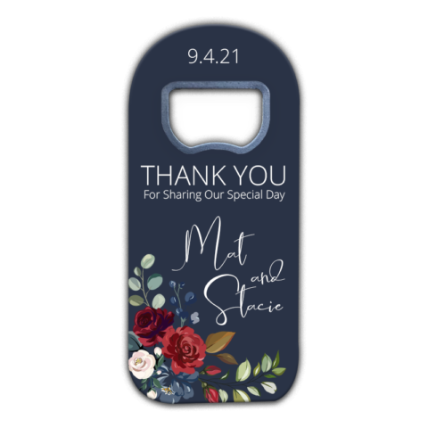 burgundy flowers on navy blue background themed customizable bottle opener magnet favors for wedding