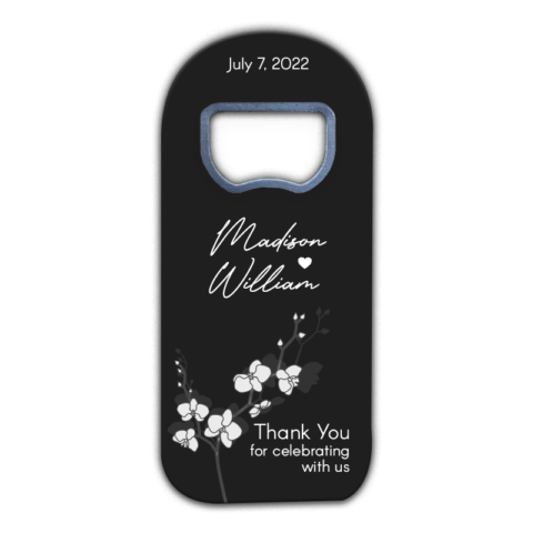 white flowers on black background themed customizable bottle opener magnet favors for wedding