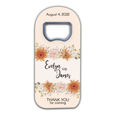orange spring flowers on beige background themed customizable bottle opener magnet favors for wedding