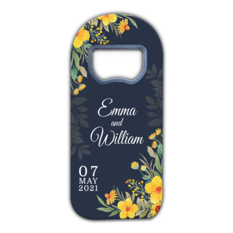 yellow spring flowers on dark blue background themed customizable bottle opener magnet favors for wedding