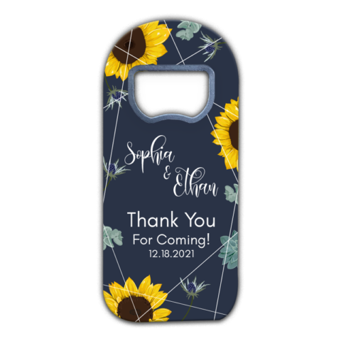 sunflowers on dark blue background themed customizable bottle opener magnet favors for wedding