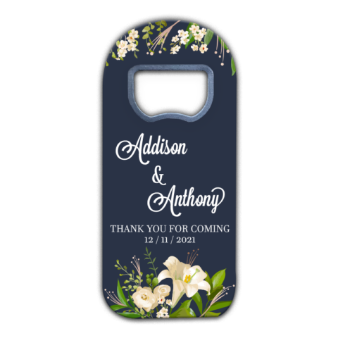 Lilies and Leaves on Dark Blue Background Themed Customizable Bottle Opener Magnet Favors for Wedding