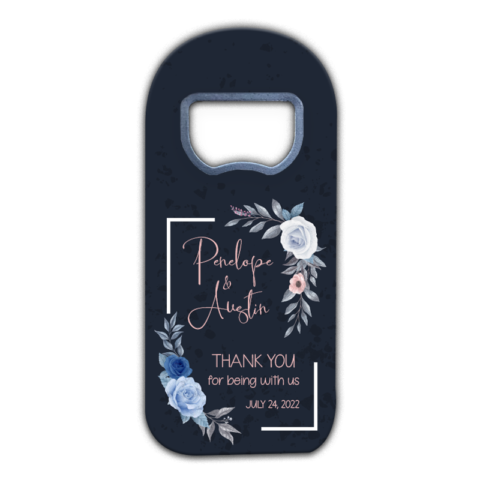 Blue Roses and Leaves on Dark Blue Themed Customizable Bottle Opener Magnet Favors for Wedding
