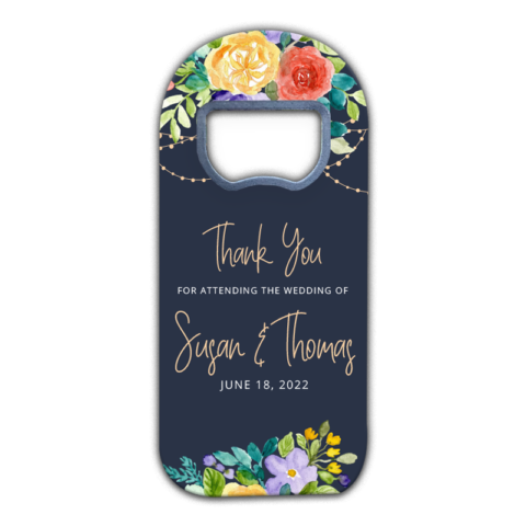 Customizable Bottle Opener Wedding Magnet Favors with Colorful Flowers and String Light