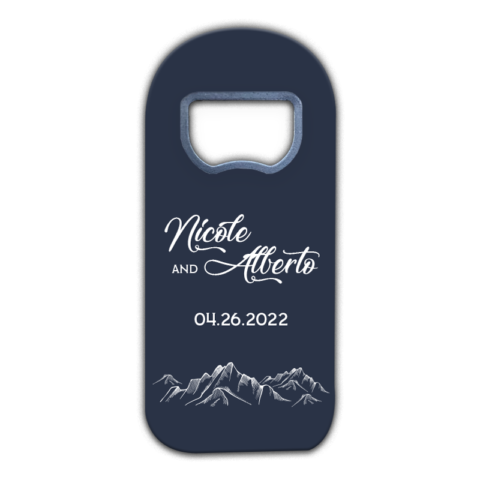 Customizable Bottle Opener Wedding Favor Fridge Magnets with Plain Mountains on Dark Blue