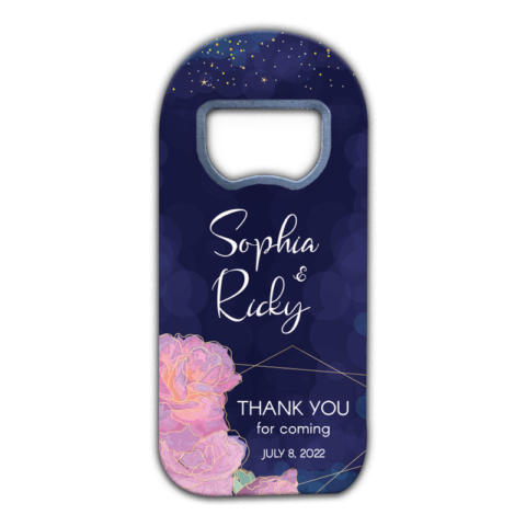 Pink Watercolor Florals and Stars on Blue Themed Customizable Bottle Opener Magnet Favors for Wedding