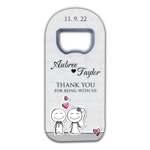 Cartoon Lovely Couple on Gray Background Themed Customizable Bottle Opener Magnet Favors for Wedding