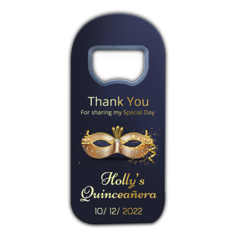 Gold Venice Mask on Navy Blue Background for Quinceañera Bottle Opener Magnet Favors