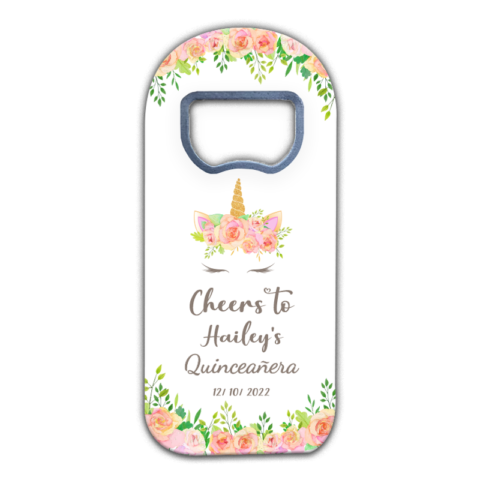 Roses and Unicorn on White Themed Customizable Bottle Opener Magnet Favors for Quinceanera