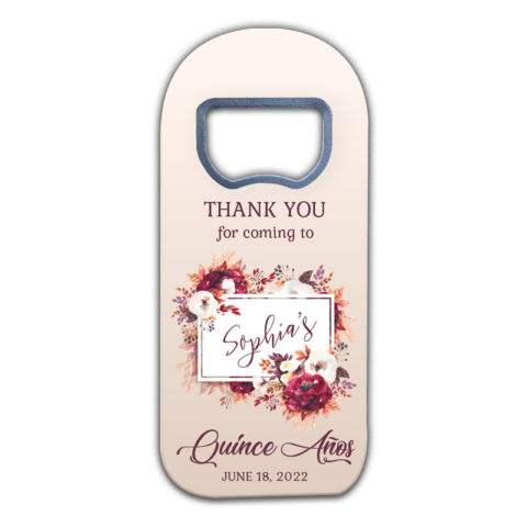 Quinceañera Magnet Favors with Burgundy and White Florals
