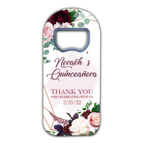 customizable quinceañera fridge magnet favors with burgundy roses and white flowers