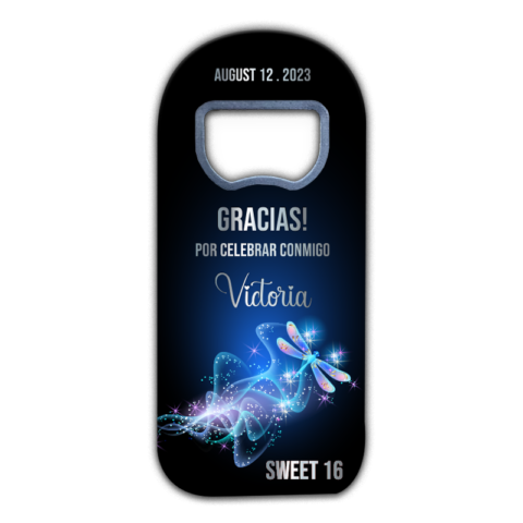customizable quinceañera fridge magnet favors with colorful dragonfly on dark background