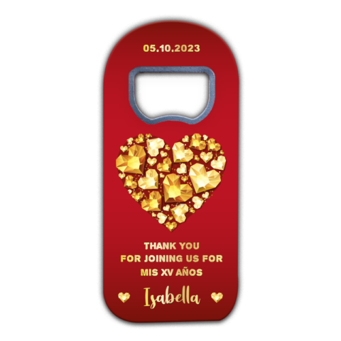 customizable quinceañera fridge magnet favors with golden heart on red background