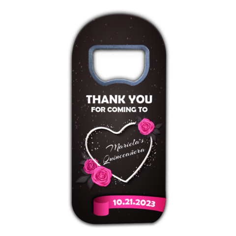 customizable quinceañera fridge magnet favors with Heart and Pink Roses on Black Background