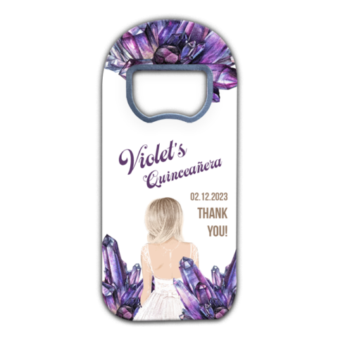 customizable fridge magnets for Quinceañera with Amethyst Stones and A blonde Girl on White background