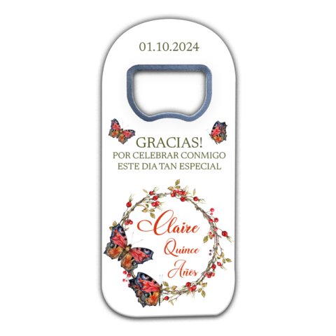 Customizable Fridge Magnet Bottle Opener for quinceañera Favors with Butterflies Around The Red Flowers on White Background