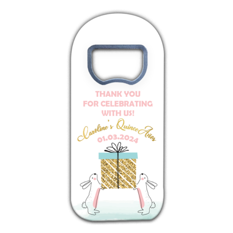 Customizable Fridge Magnet Bottle Opener for quinceañera Favors with Rabbits Carrying a Golden Gift on White Background