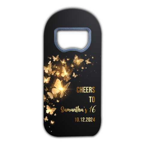 Golden Butterflies on Black Themed Customizable Bottle Opener Magnet Favors for Sweet 16