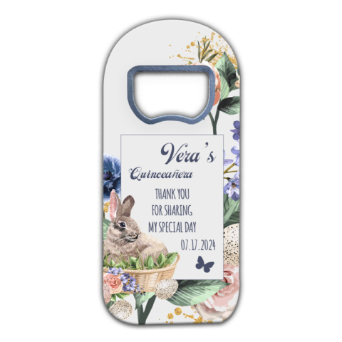 Rabbit, Eggs and Easter Themed Customizable Bottle Opener Magnet Favors for Quinceanera