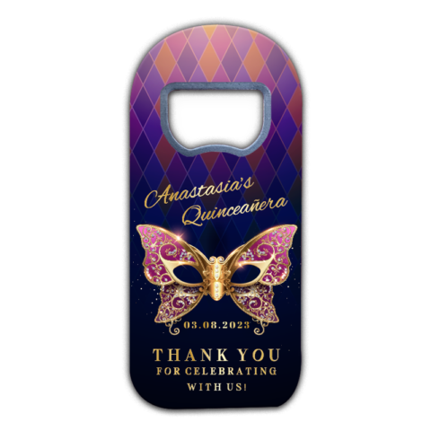 customizable quinceañera fridge magnet favors with butterfly-shaped golden venetian mask