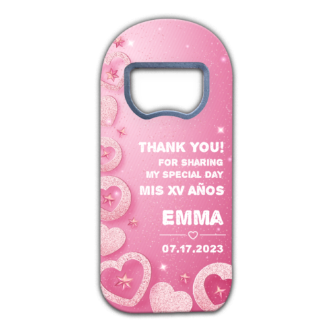 customizable quinceañera fridge magnet favors with hearts and stars on pink background