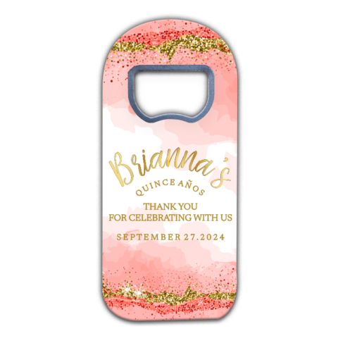 customizable quinceañera fridge magnet favors with gold texts on pink watercolor background