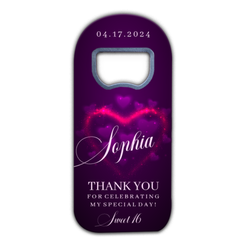customizable sweet sixteen fridge magnet favors with glitter heart on purple background