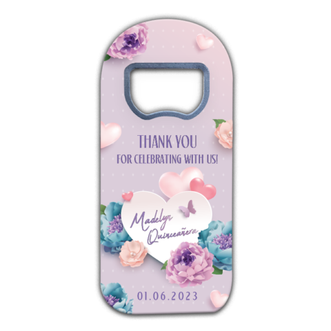 customizable quinceañera fridge magnet favors with succulents and hearts on lilac background