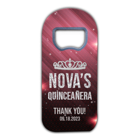 customizable quinceañera fridge magnet favors with princess crown and silver writings on red shades of space