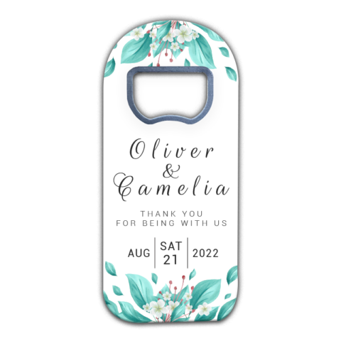 watercolor green leaves and white flowers themed customizable bottle opener magnet favors for wedding