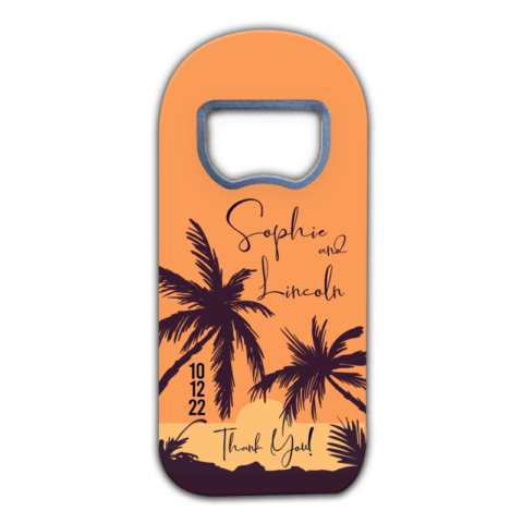 Hawaii beach view with palm trees themed customizable bottle opener magnet favors for destination wedding