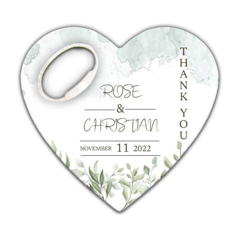 green leaves on watercolor background themed customizable bottle opener heart shaped magnet favors for wedding