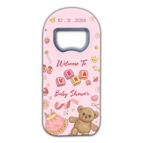 Baby Stuff and Teddy Bear on Pink Background for Baby Shower