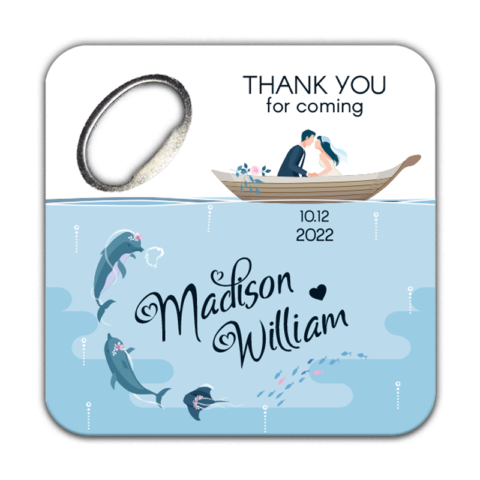Blue Sea, Dolphin, Bride and Groom on White for Wedding