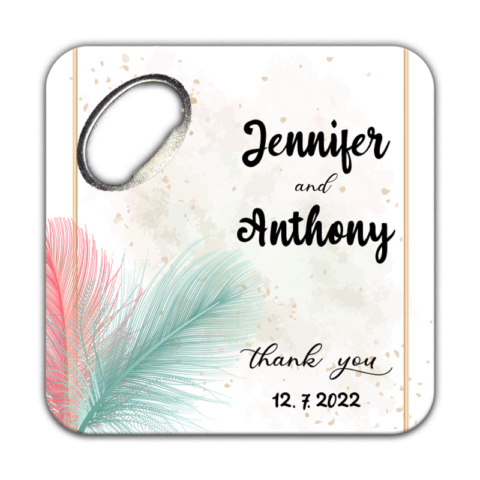 Pink and Green Feather and Watercolor on White for Wedding