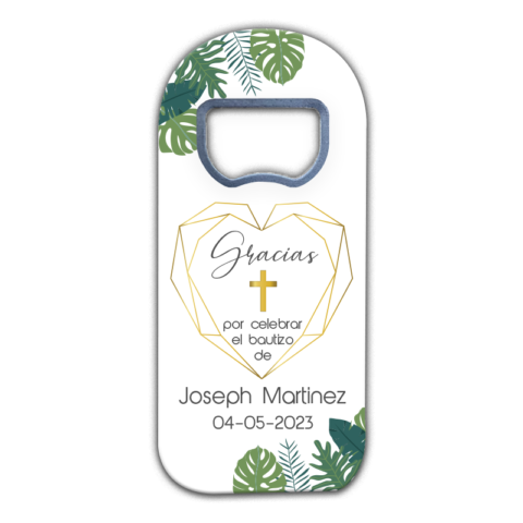 Tropical Leaves, Gold Cross and Heart on White for Baptism