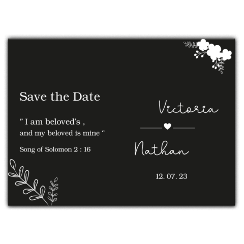 White Florals and Verse on Black Background for Wedding