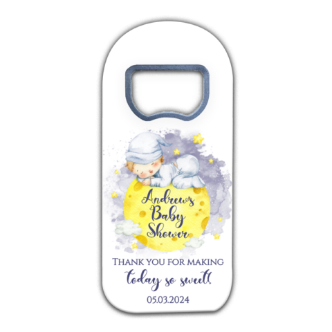 Sleeping Baby Boy and Yellow Moon on White for Baby Shower