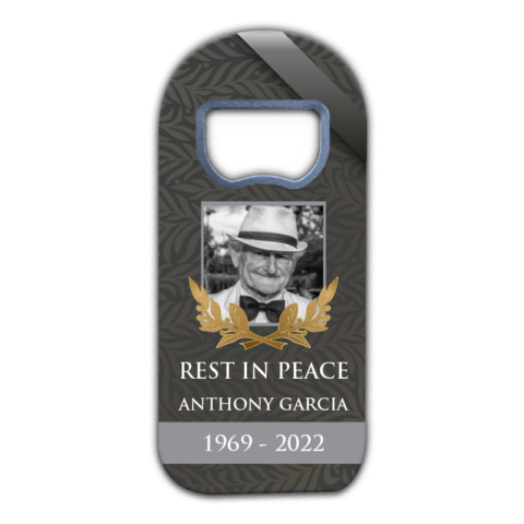 Golden Motif, Photo and Gray Ribbon on Dark Gray for Funeral